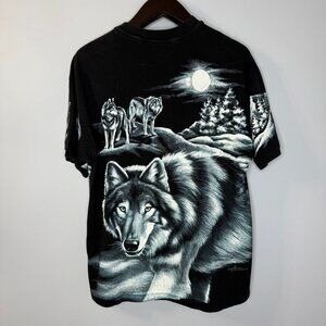 Vintage Wolf AOP Shirt Men's Black 90s Harlequin Single Stitch